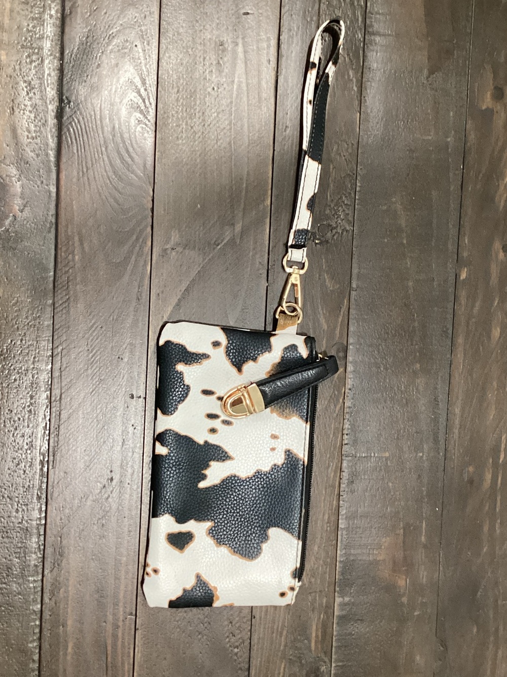 Wristlet Phone Wallet in Black and Cream Cowhide Print